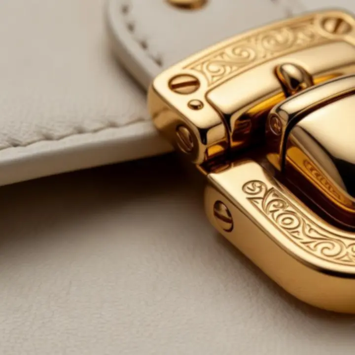 Makrofotografia metalowych okuć i szwów ręcznych na torebce luksusowej