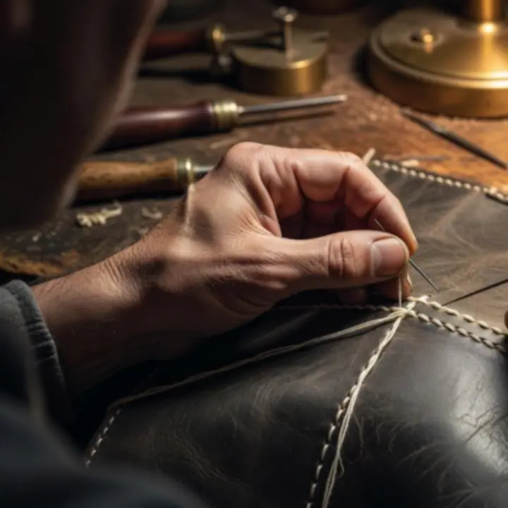 Proces szycia siodłowego dwiema igłami i woskowaną nicią