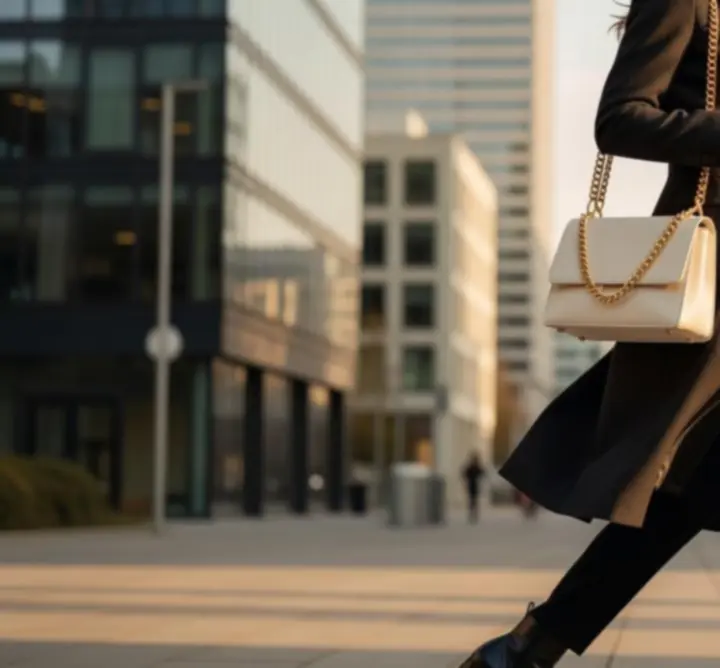 Modelka z torebką w miejskim otoczeniu